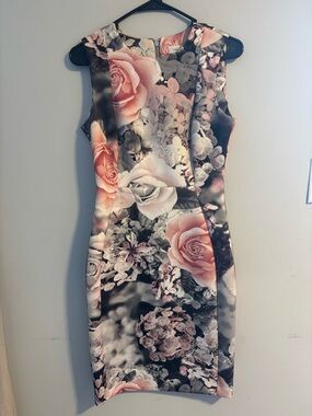 Calvin Klein Pink and Gray Floral Midi Sheath Dress